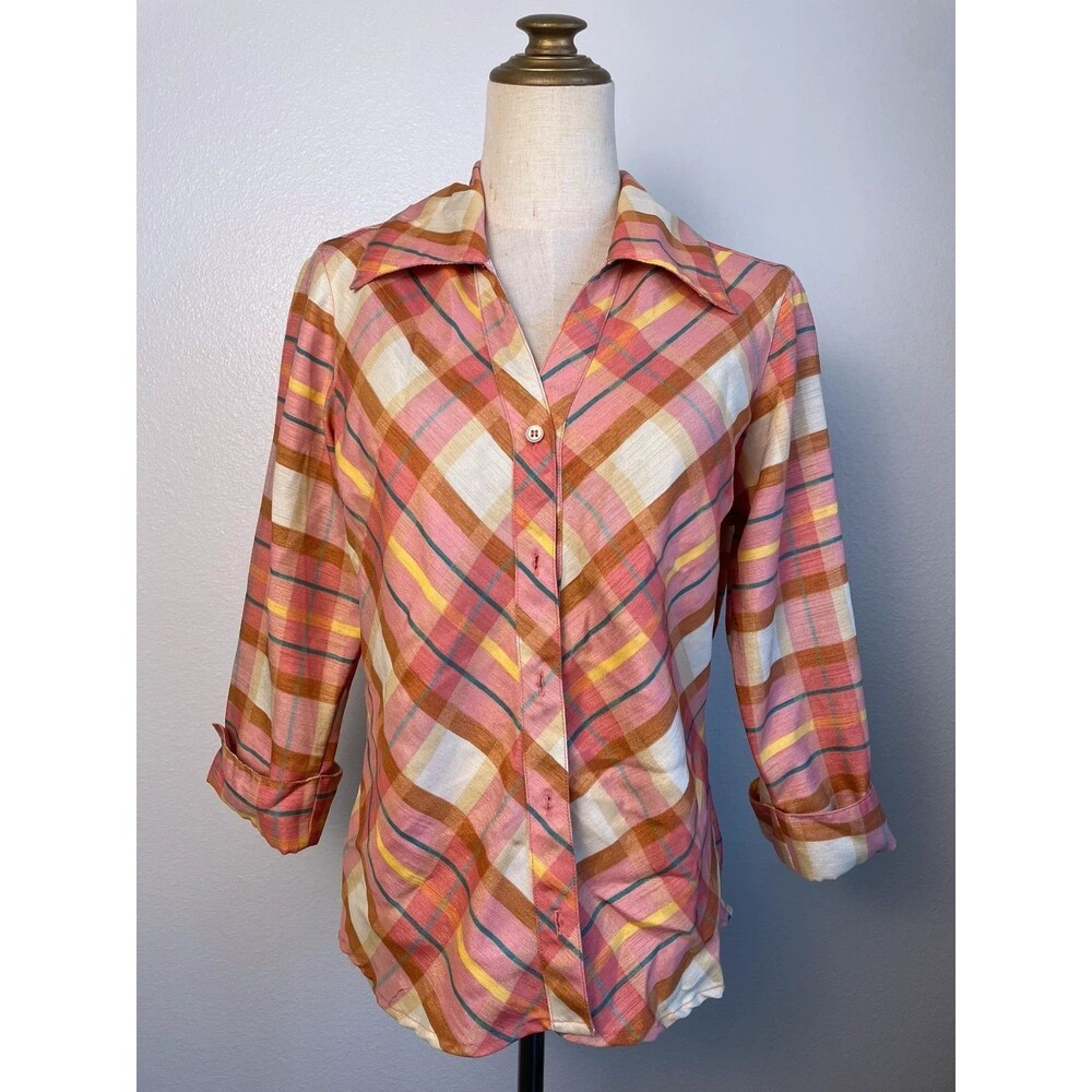 vintage 70s plaid button up shirt blouse pink multicolor woman small spring